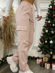 Mujer Pantalón Cargo Casual Bolsillos Grandes Tela Suave Color Liso Corte Recto Ajuste Holgado Cintura Elástica Largo Primavera Otoño Invierno Diario Pantalón - Caqui - Ver 2