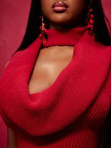 NYA SZN Đầm ngắn tay cổ lọ cổ đổ tua rua ôm sát cơ thể, thích hợp cho lễ hội, kỳ nghỉ, mùa đông, xuân, hè, màu đỏ, sự kiện, tiệc tùng, sang trọng, chất liệu dệt kim, dệt gân, dáng ngắn cho nữ. - Đỏ - Xem 5