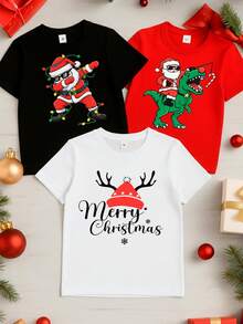 Paquete de 3 Camisetas para niños de 4 a 12 años de 100% algodón con manga corta y cuello redondo con estampados navideños de Santa Claus otoño invierno para festividades Regalo ideal - Multicolor - Ver 1