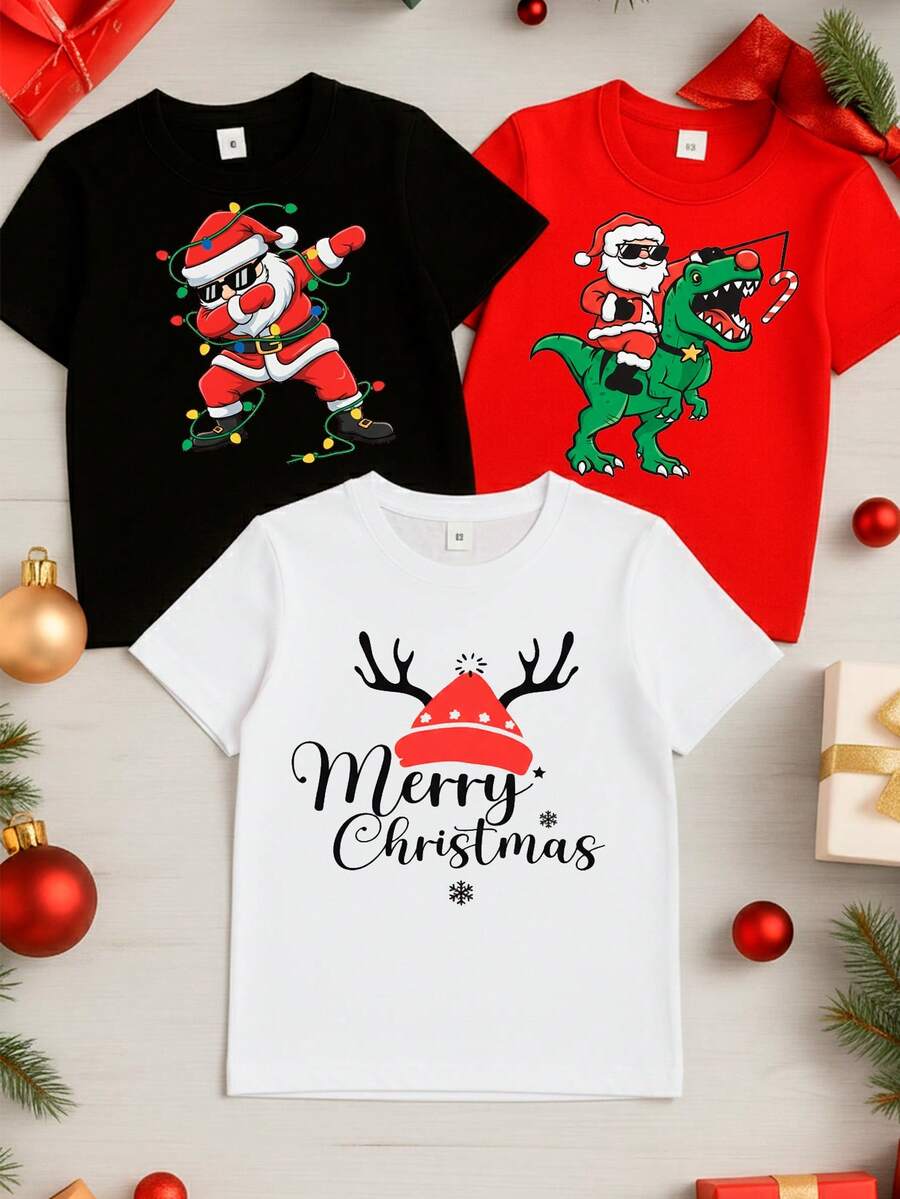 Paquete de 3 Camisetas para niños de 4 a 12 años de 100% algodón con manga corta y cuello redondo con estampados navideños de Santa Claus otoño invierno para festividades Regalo ideal - Multicolor - Ver 1