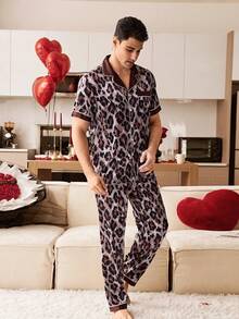 SHEIN 仿丝绸豹纹印花滚边开衫睡衣套装