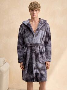 Men's Tie-Dye Fluffy Hooded Bathrobe, Suitable For Loungewear - Multicolor - View 3
