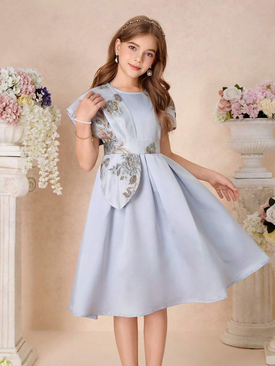Pitira 少女派对礼服蓝色编织网纱提花缎面拼接可爱泡泡袖腰身中长连衣裙,优雅公主风,适合正式场合、派对、生日、日常穿着、节日、家庭聚会、姐妹情谊,可爱复古时尚,返校季必备 - 藍色 - 查看 1