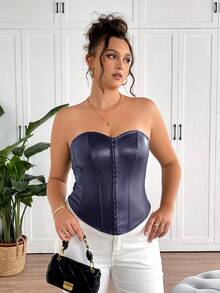 SHEIN Tall CURVE Canotta nera in ecopelle con bottoni centrali frontali, taglie comode - Blu Navy - Visualizzare 3