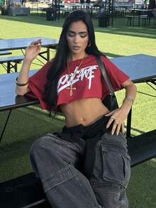 女士街头服饰外出运动休闲图案露肩宽松短款红色 T 恤 - 紅色 - 查看 5