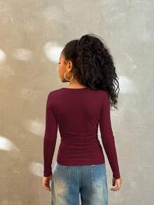 SHEIN Tween Girls Fall Fashionable Snug Fit T-Shirt With Raglan Sleeves, U-Neck, Ruched Waist, Stretchy - Burgundy - View 2