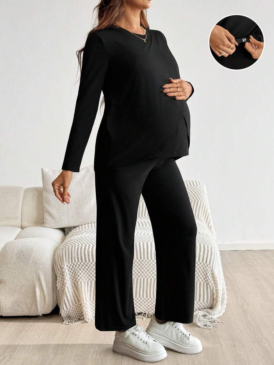 SHEIN 孕妇纯色长袖上衣、长裤和短裤哺乳套装，女士两件套，舒适两件套，女士裤装短裤套装，女士两件套服装 - 黑色 - 查看 1