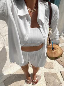Sunnyshic Conjunto de verano informal de lino blanco para mujer de talla grande - Blanco - Ver 5