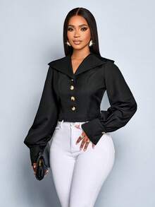 SOLERSUN Veste pour femmes en tissu épuré pour l'automne et l'hiver, avec fente à l'ourlet, manches lanternes épousant la taille, col tailleur ample, style simple, convient pour le port quotidien et les déplacements - Noir - Voir 7