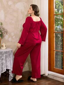 Côtesoire Ensemble décontracté de Top à manches longues avec garniture en dentelle et nœud, et pantalon large pour femmes grandes tailles - Rouge foncé - Voir 2
