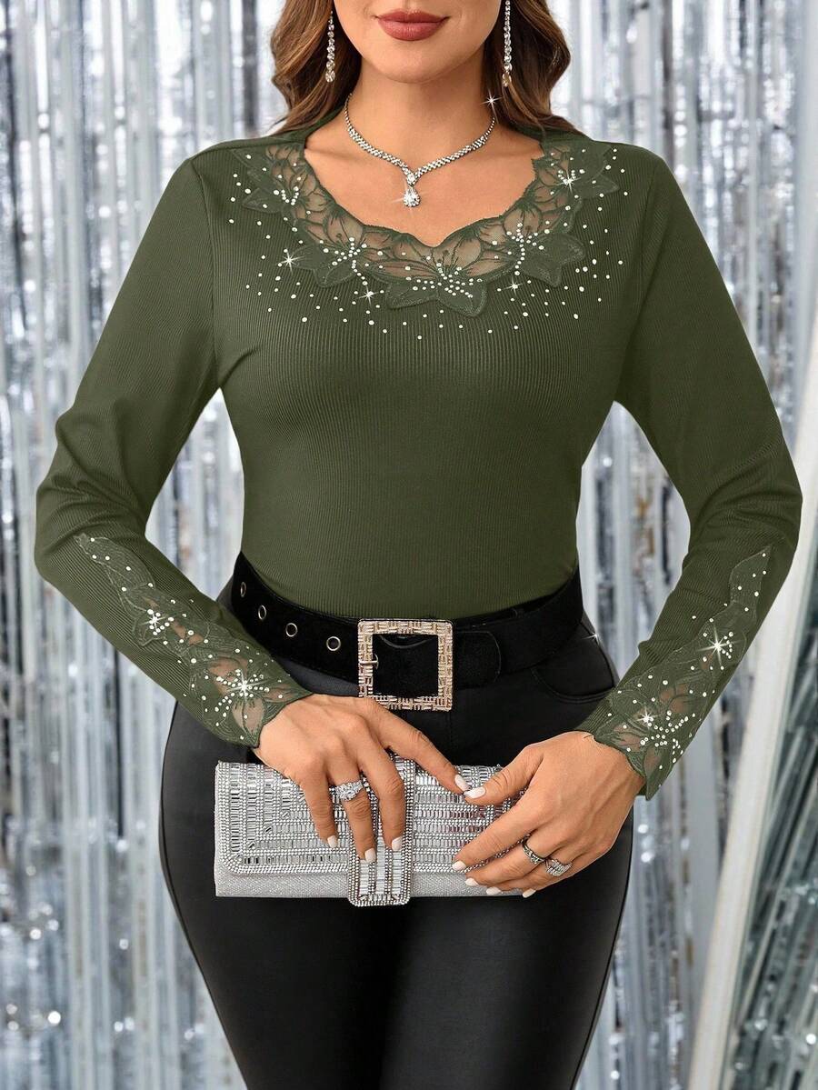 SHEIN Clasi Áo thun Raglan dài tay cổ tròn màu trơn cỡ lớn, dáng ôm vừa vặn, thường ngày - màu xanh lá - Xem 1