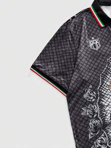 ROMWE MEN 宗教复古街头风V领T恤 - 黑色 - 查看 4