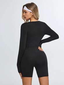 Eassivo Eassivo Bộ jumpsuit thể thao ôm sát cổ chữ V sâu, màu trơn dành cho nữ, kiểu dáng thường ngày, thoải mái. - màu đen - Xem 2