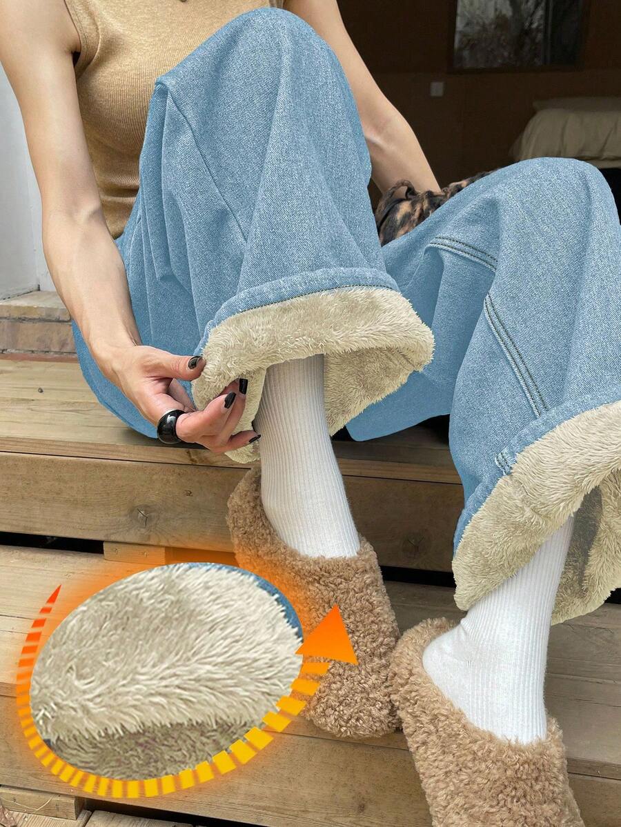 DAZY 女士直筒休闲保暖牛仔裤 - 淺色水洗藍 - 查看 1