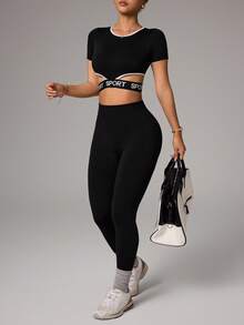 Dewbera Women's Casual Sports Letter Tape Short Sleeve Cropped T-Shirt - Black - View 5