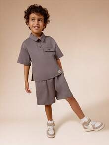 SUMWON Boys Casual Utility Short Sleeve Shirt And Drawstring Shorts Co-Ord Set With Chest Pocket For Summer Vacation - Dark Grey - View 1