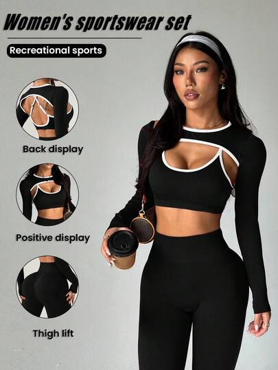 Dewbera 3pcs Seamless Knit Women's Contrast Color Set: Long Sleeve Contrast Color Crew Neck Sweater + Removable Strap Contrast Color Sports Bra + Contrast Color Sports Leggings, Versatile Activewear Suitable For Yoga, Workout, Casual, Fitness, Photography