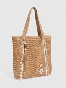 ROMWE Fairycore 1件装度假主题贝壳、海贝、珊瑚、珍珠装饰女士手提包，大容量花卉草编沙滩包，适合春夏使用 - 卡其色 - 查看 7