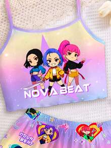 2pcs/Set Colorful K-Pop Girl Group Letter & Star Print Outfit, KPOP Style Graphic Tee, Cartoon Character Print, Ombre Tie-Dye, Kpop Fan Gift, Music, Fashion Girls Children Clothing, Siblings Matching, Camisole & Shorts Pajamas Set For Summer, Cartoon Design, Pink, Blossom Vogue, Fall New Style, Affordable Fashion - Multicolor - View 4