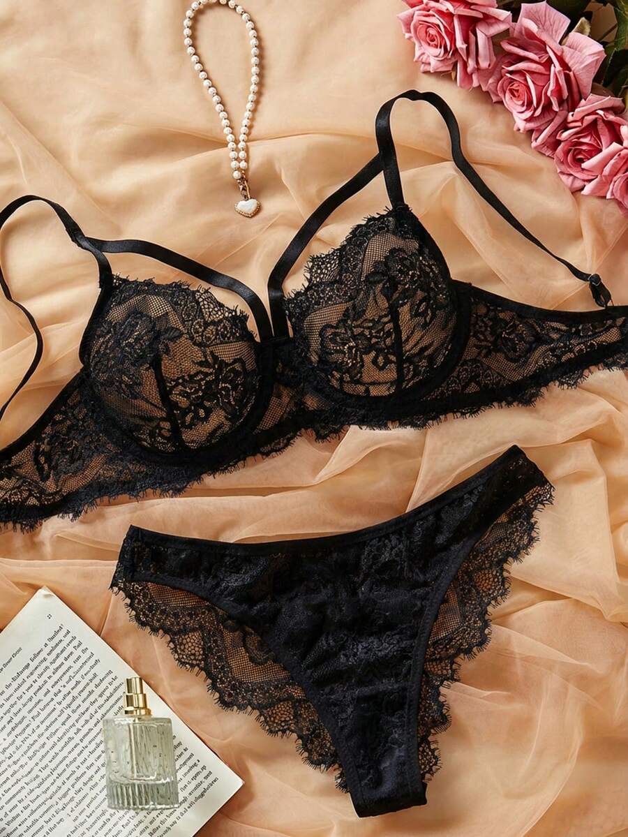 SHEIN 2pcs/Set Lace Solid Color Sexy Women's Underwire Bra Set - Black - View 1