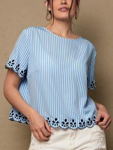 SHEIN VCAY 大码女式条纹圆领短袖休闲宽松衬衫 - 藍色 - 查看 8