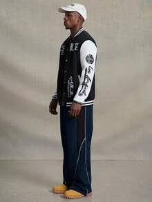 PAVTROS Men's Casual Color Block Drawstring Straight Leg Pants, Loose Fit Long Patchwork Black Straight Leg Sweatpants, Fall - Navy Blue - View 6