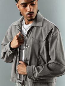 ROMWE MEN Street Life Spring/Summer Casual Graphic Men'S Solid Color Corduroy Zip-Up Long Sleeve Flight Jacket - Grey - View 4