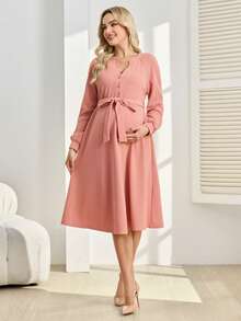 SHEIN 高级针织孕妇哺乳连衣裙，冬季新品 - 粉色 - 查看 8