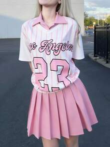 SHEIN ChillGRL Casuvi Kids Casual Fashionable Daily Versatile Graphic Print 2 In 1 T-Shirt & Cute Pink Pleated Skirt 2-Piece Set, Spring/Summer Kids Girls Outfits For Summer Baseball