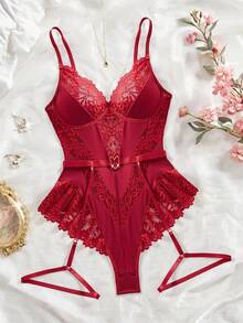 SHEIN 2件套蕾丝拼接性感女式连体衣（无钢圈/吊袜带），外出 - 酒紅色 - 查看 7