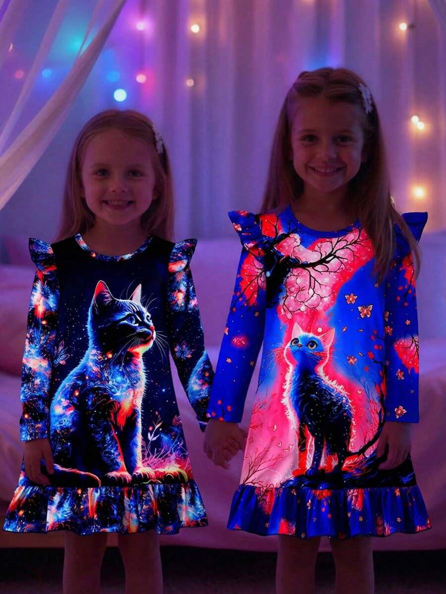 Young Girls Pajamas,2 Piece Cat Nightgown Dress Long Sleeve Round Neck Ruffle Hem Glow In Dark Soft Sleepwear,Holiday Party,Black,Autumn,7th Birthday - Blue - View 1
