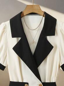 Lyxana Women's Black And White Color Block Short Sleeve Blouse,Elegant Summer Office Commute Lapel Collar Outerwear,Tie Cinched Waist Gold Decor Buttons - Black and White - View 6