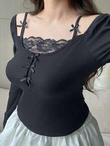 Dazy Plus 撞色蕾丝紧身性感蝴蝶装饰黑色长袖T恤 - 深灰色 - 查看 3