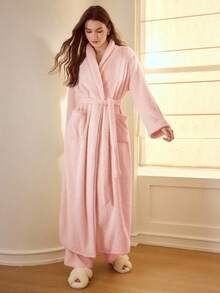 MOTF PREMIUM SHAWL COLLAR FAUX PEARL DECOR FUZZY BELTED ROBE - Coral Pink - View 6