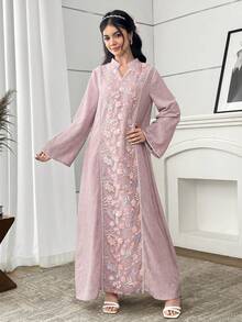 SHEIN 少女连衣裙：提花刺绣，春夏款，度假风，金色蕾丝边，宽松V领撞色长袍，粉色，中东阿拉伯长袍，国庆节长裙 - 藕粉色 - 查看 4