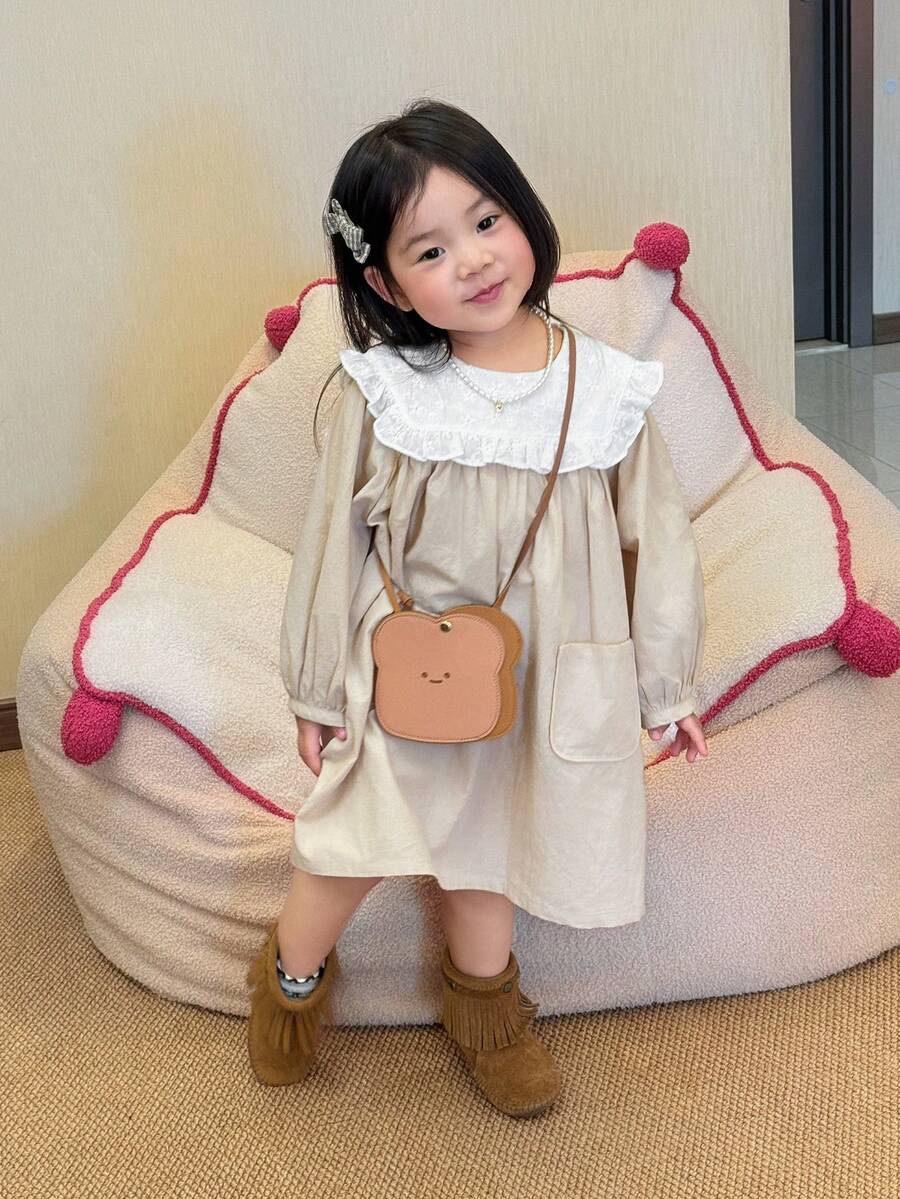 DAZY 女童/幼儿彼得潘领蕾丝拼接长袖连衣裙，日式风格 - 卡其色 - 查看 1