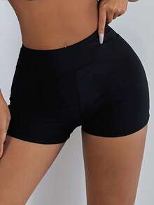 Swim Basics Summer Beach Swimming Basic Women's High Waist Tight Holiday Solid Color Halloween Store Celebration Bikini Bottoms - Black - View 3