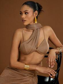 Hauture Women's Sexy Metal Chain Texture Knit Sheer Bralette Cape Top - Gold - View 1