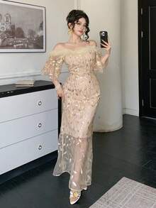 DAZY 女士露肩中袖收腰优雅金色流苏连衣裙