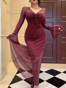 DAZY Spring/Summer Elegant Slim Fit Commuter Midi Dress With Sheer Mesh Ruffle Trim & Bell Sleeves, Suitable For Wedding, Valentine's Day - Burgundy - View 2