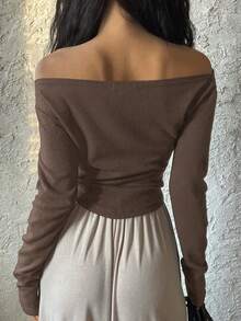 DAZY Women's Casual Solid Color One-Shoulder T-Shirt Spring - Rust Brown - View 4