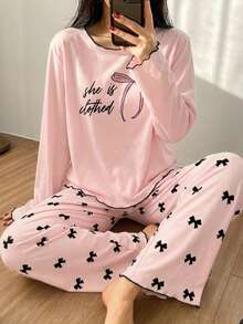 一套少女优雅时尚英文字母蝴蝶结印花波浪边长袖睡衣套装，春秋季 - 粉色 - 查看 3