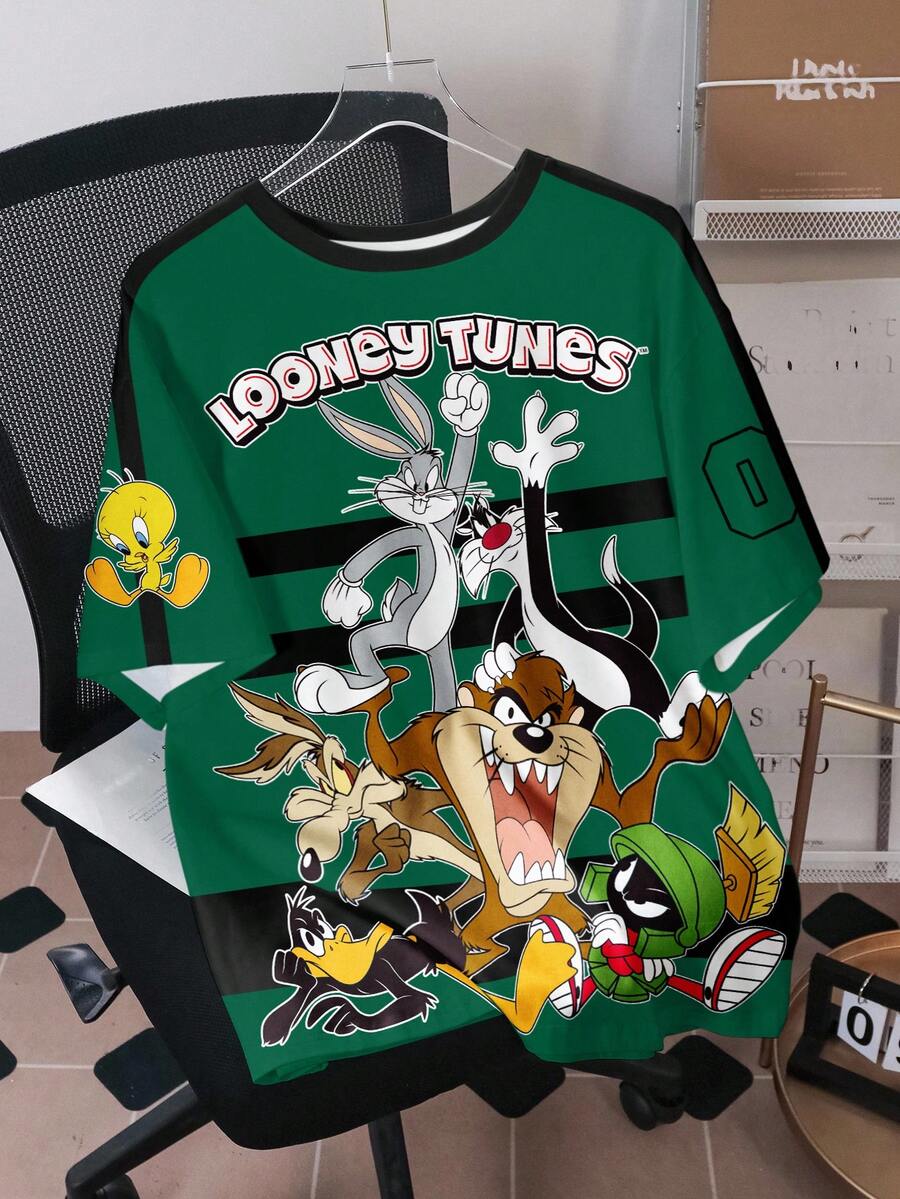 LOONEY TUNES X SHEIN Men's Casual Letter & Cartoon Graphic Short Sleeve T-Shirt, Summer