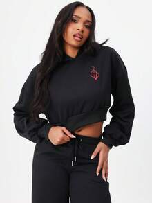 Oversized Cropped Sweatshirt With Text Print Long Sleeve Drawstring Pullover Sweatshirt - Black - View 3