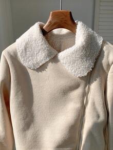 SHEIN EZwear Teddy Lined Zip Up Moto Jacket In Fall/Winter - Beige - View 7