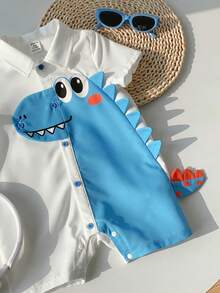 SHEIN Cute Cartoon Dinosaur Pattern Lapel Short Sleeve Romper Shorts, Casual & Versatile For Baby Boys & Girls, Spring/Summer - Blue and White - View 9