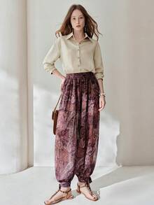 Frievida 波西米亚风腰果花印花雪纺灯笼裤，中腰常规长度长裤 - 彩色 - 查看 1
