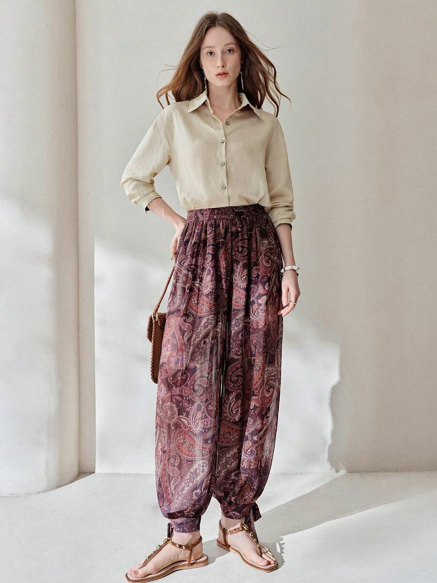 Frievida 波西米亚风腰果花印花雪纺灯笼裤，中腰常规长度长裤 - 彩色 - 查看 1