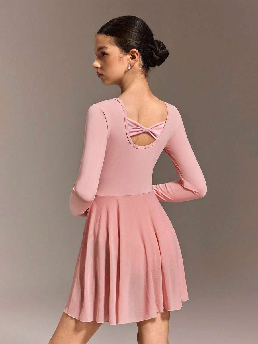 SHEIN Teen Girls Long Sleeve Pink Ballet Dance Dress, Round Neck With Ruched Front Design, Cute Bow Back Design, Soft & Lightweight Mesh Skirt With Snap Crotch, High Stretch & Skin-Friendly, Suitable For Dance, Yoga & Activewear