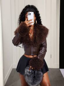 BamGleam Áo khoác lông giả thời trang thường ngày dành cho nữ - Cà phê nâu - Xem 6